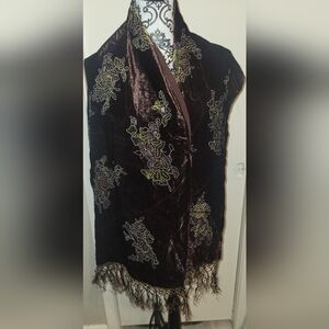 Velvet Burnout Rich Brown With Green Floral Fringe Shawl Scarf Wrap Silk Viscose